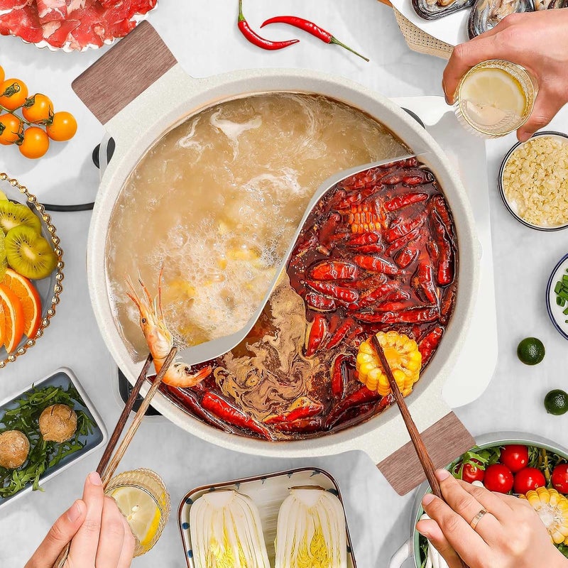 DEZIN 5-QT Double-flavor Shabu Shabu Pot with Divider, Dual Sided Nonstick Hot Pot, 12 Inch Divided Stockpot for Cooking, Hotpot for Induction Cooktop, Gas Stove & Hot Burner, Soup Ladle Included - Image 3
